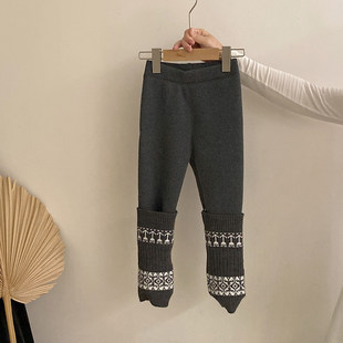 韩版女童2025秋冬季新款百搭拼接花纹加绒打底裤中小童洋气裤子潮