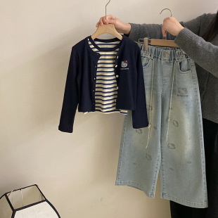 三件套潮 条纹背心亮钻卡通牛仔裤 韩版 女童洋气百搭潮流卡通开衫