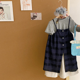 女童时髦短袖T恤格子吊带连衣裙三件套春夏季长裤套装