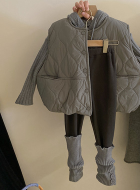 Z-XT05女童韩版连帽针织毛衣夹棉马甲2025秋冬新款套装