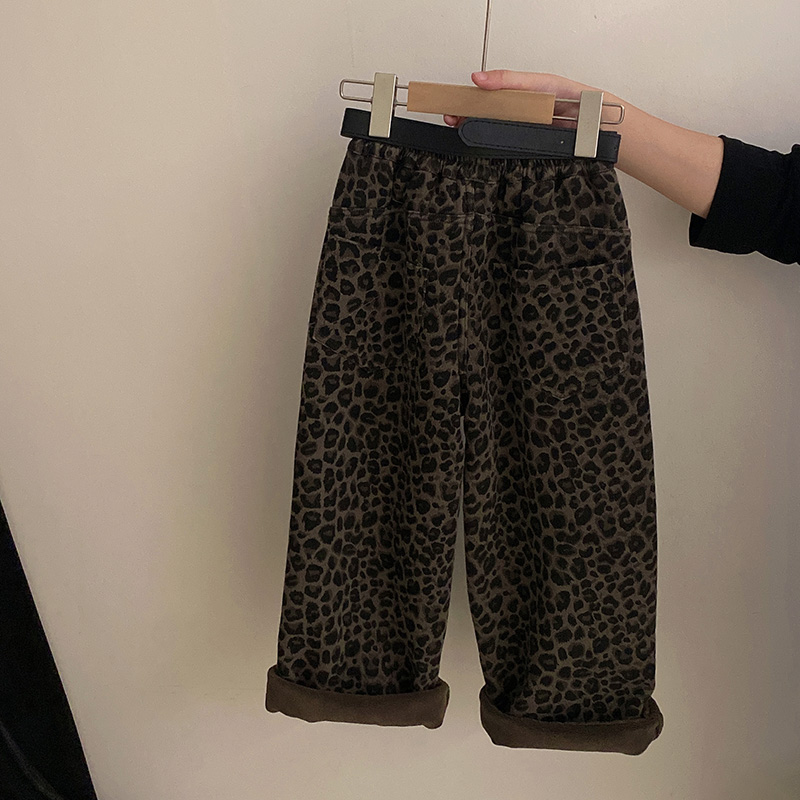【安安家】女童秋季2025新款豹纹加绒直筒休闲中大童潮裤子R25534