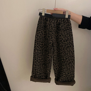 【安安家】女童秋季2025新款豹纹加绒直筒休闲中大童潮裤子R25534