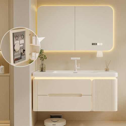 橡木陶瓷一体盆法式烤漆浴室柜