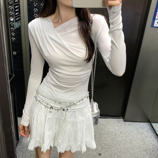 内搭T恤上衣 荡领收腰抽褶设计感显瘦长袖 打底衫 女秋季 2025新款