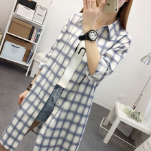 女chic中长款 长袖 2019夏宽松韩范过膝衬衣外套潮 格子长款 防晒衬衫
