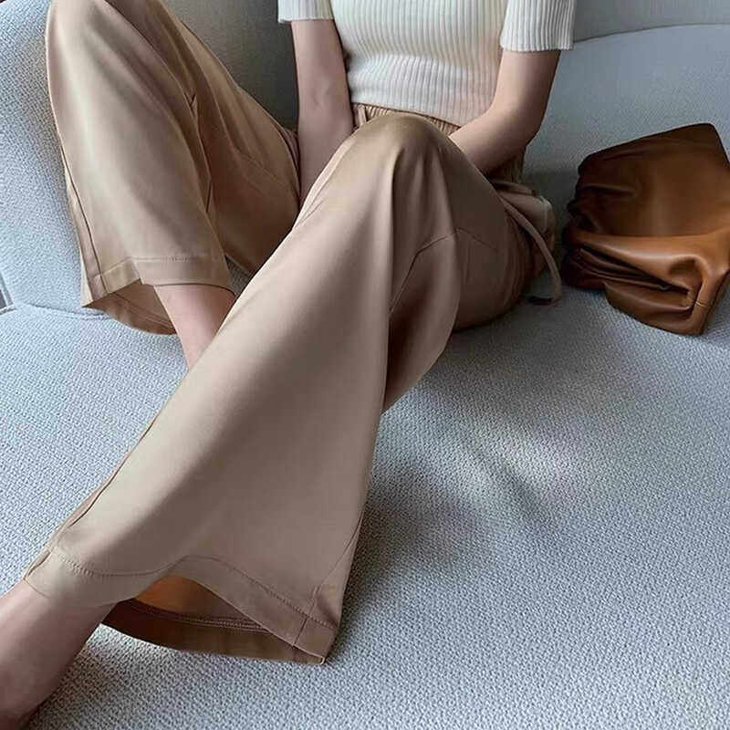 日本三醋酸裤子女2024夏薄款重磅真丝高腰垂感显瘦显高阔腿裤长裤
