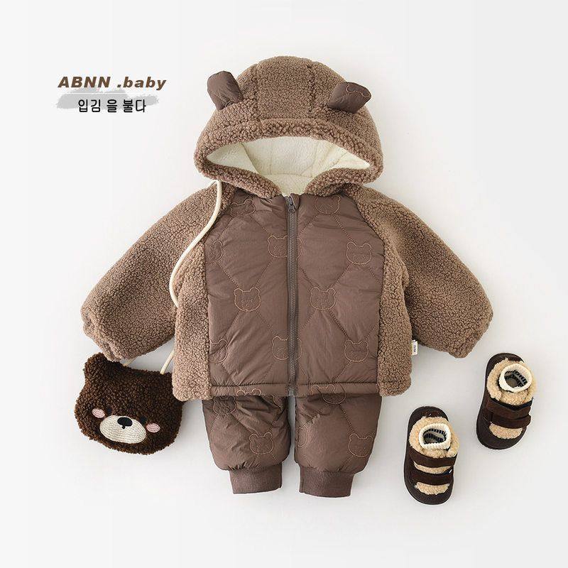 婴幼儿秋冬装男宝宝毛毛拼接套装男童卡通加绒加厚棉衣棉裤两件套