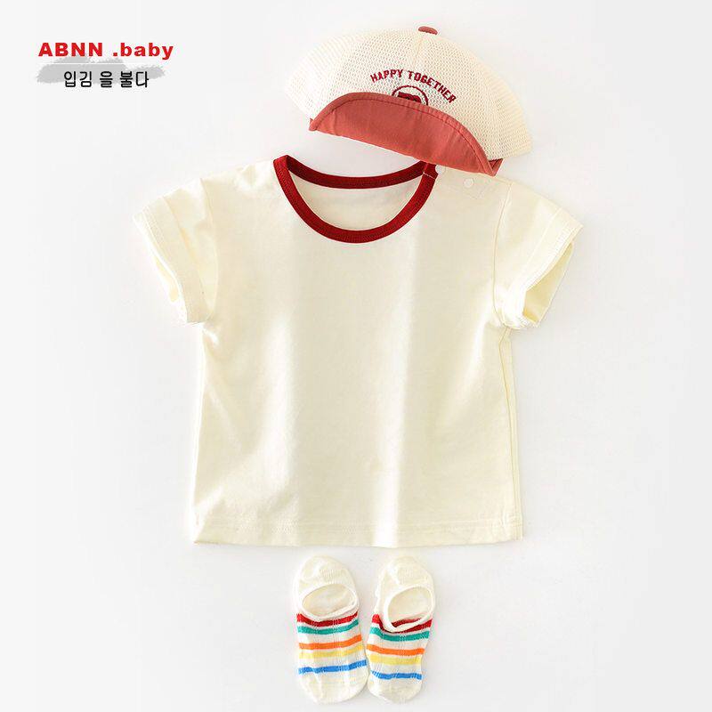 婴儿纯棉T恤夏装2025新款男女宝宝简约打底衫儿童百搭纯色短袖t恤