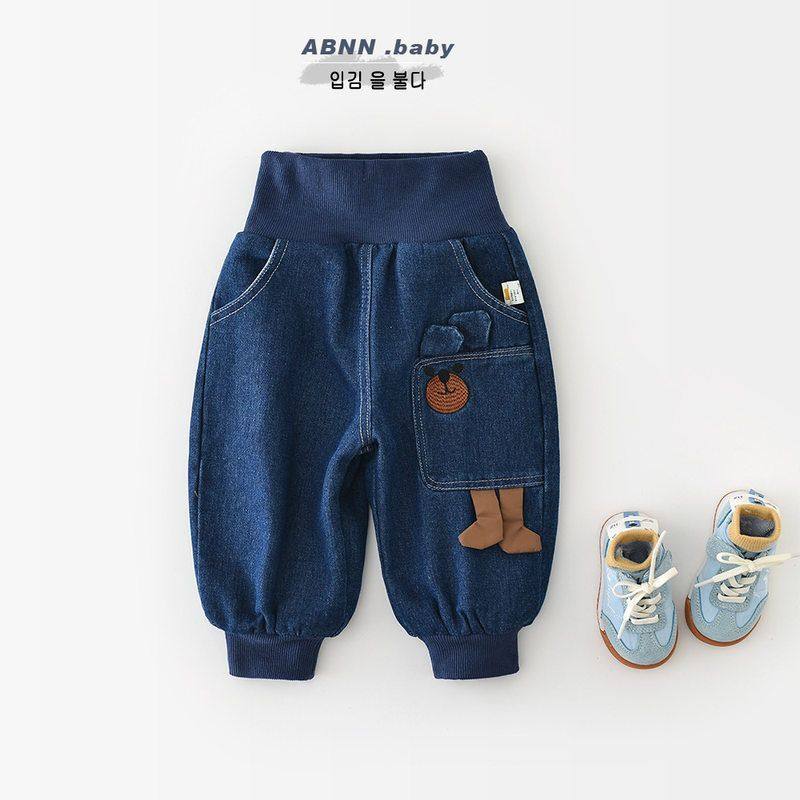 婴儿加厚裤子冬季新款男宝宝韩版外穿大pp裤加绒加厚小熊软牛仔裤