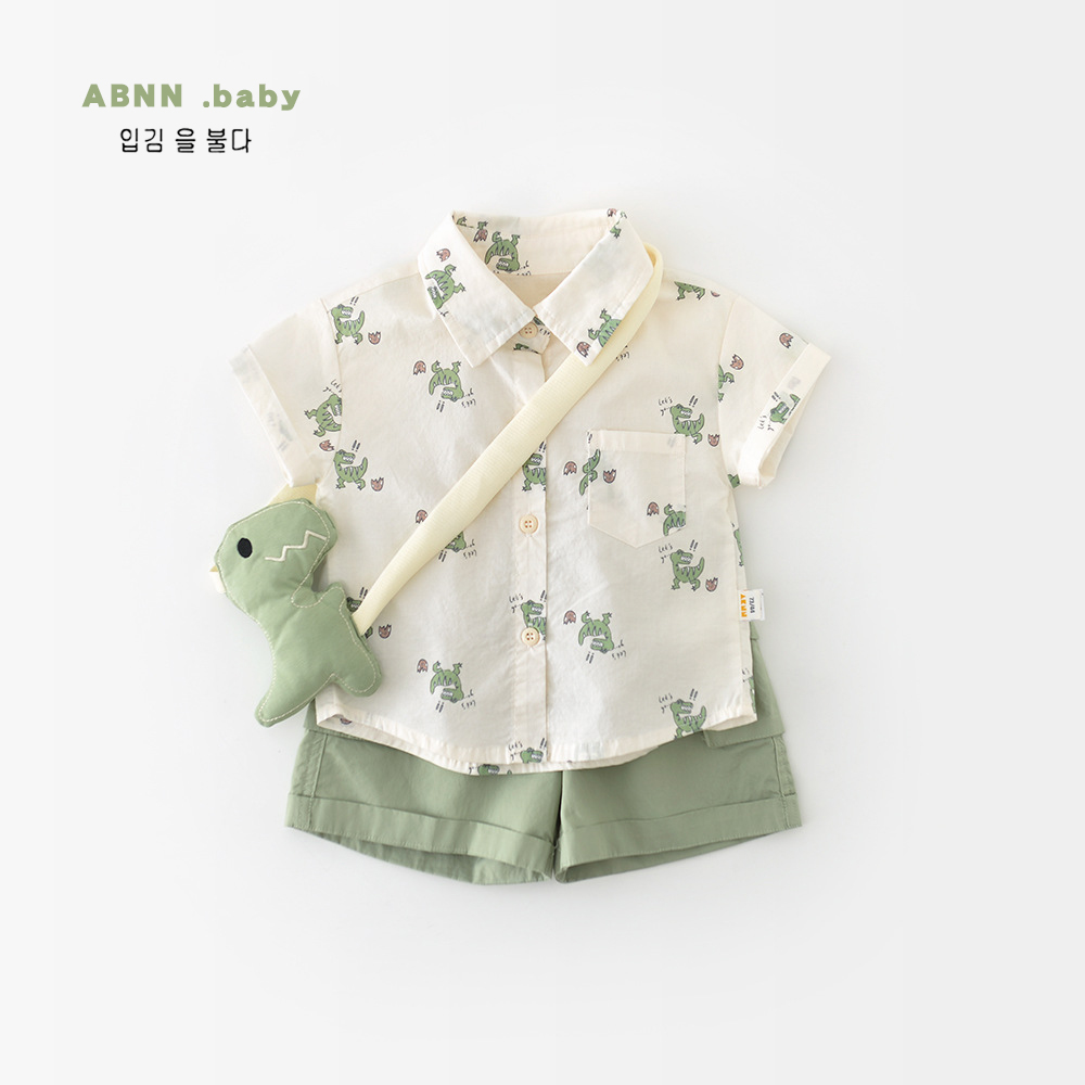 男童纯棉衬衫套装夏季新款宝宝卡通短袖短裤婴幼儿韩版工装两件套