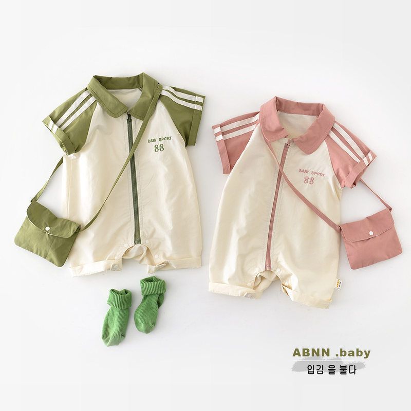 婴儿纯棉衣服夏装2025新款男女宝宝撞色爬服新生儿满月短袖连体衣