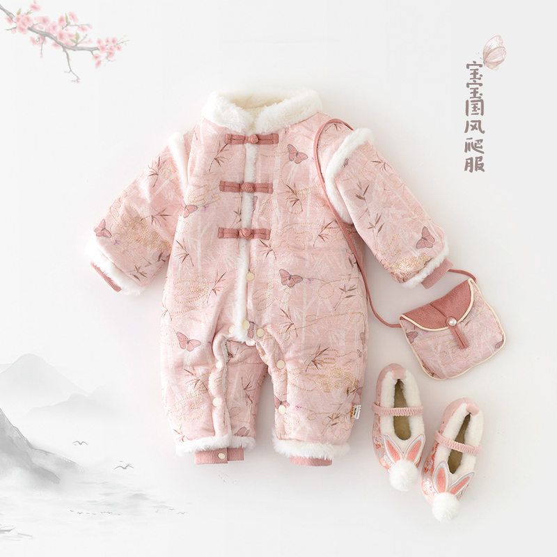 婴儿唐装棉衣冬季新款女宝宝新中式连体衣中国风加绒加厚盘扣爬服