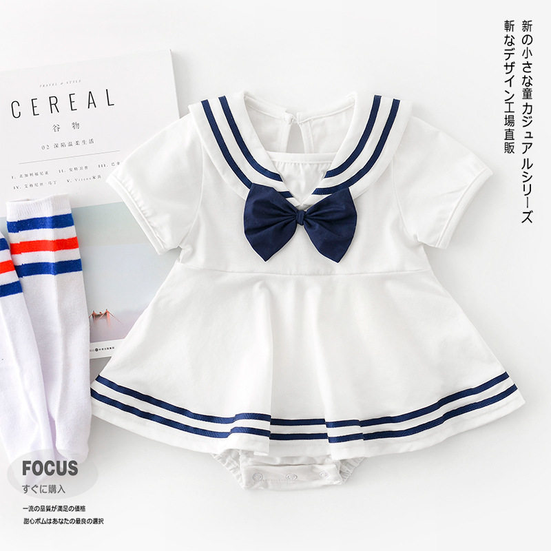 婴儿纯棉衣服夏季新生儿短袖三角爬服女宝宝海军领蝴蝶结包屁裙衣
