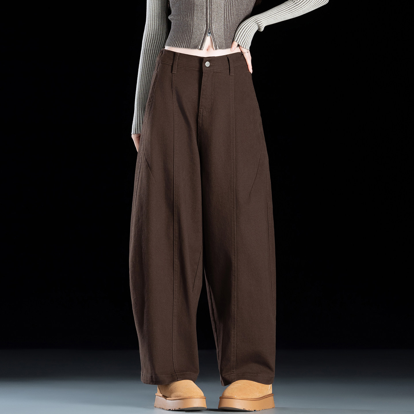 咖啡色牛仔裤女2025新款显瘦裤子弯刀香蕉裤小个子窄版九分气球裤