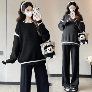 孕妇装 慵懒风休闲宽松显瘦百搭套头上衣 圆领条纹毛衣秋冬新款