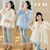孕妇上衣 圆领荷叶边拼接娃娃衫 春季 法式