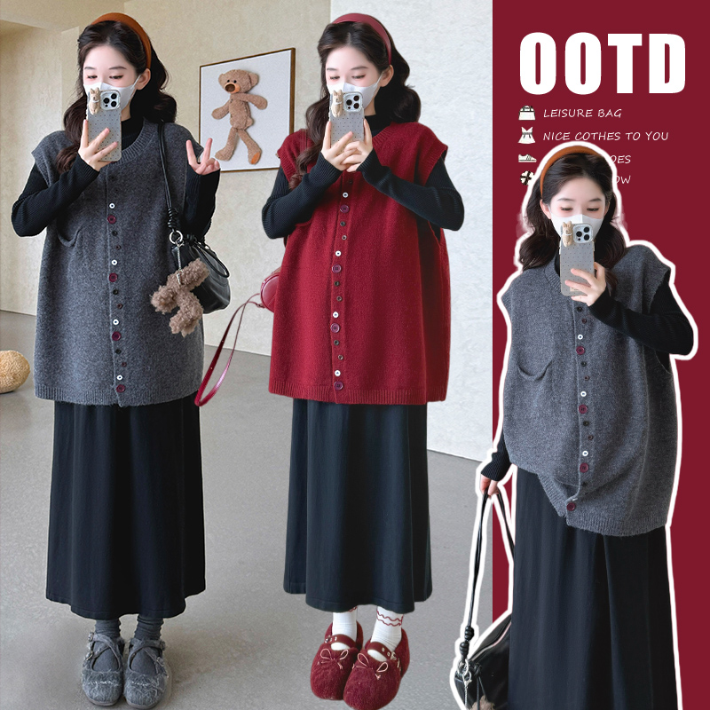 现~秋冬新品半高领毛衣连衣裙+毛衣马甲孕妇套装