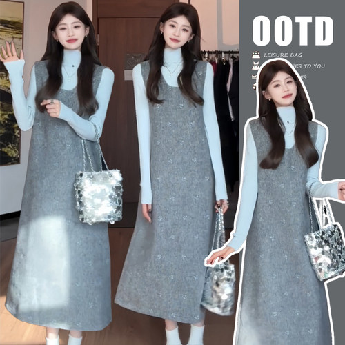 2025早秋超级韩系蓝灰配色谁能拒绝质感超棒灰色立体蝴蝶结毛呢裙