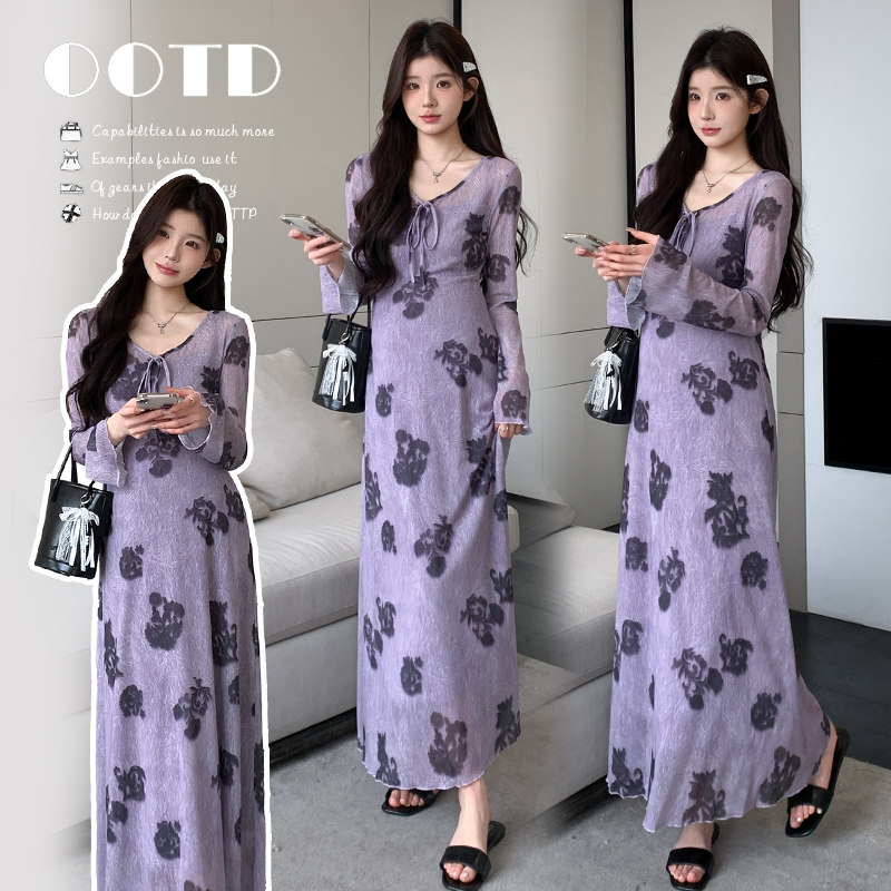 2026孕妇装早春法式复古紫色亚麻网印花长袖两件套连衣裙,孕妇装/孕产妇用品/营养,套装,淘宝优惠券,粉丝福利购,淘宝优惠卷