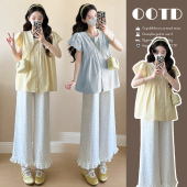 托腹波点裤 韩系打揽刺绣花瓣袖 两件套 夏季 孕妇装