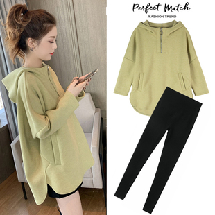 2025孕妇时尚套装百搭宽松连帽前短后长套头卫衣套装