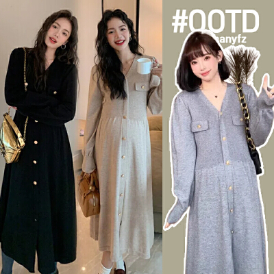 2025春秋新款复古气质孕妇装针织V领小香风法式孕妇连衣裙