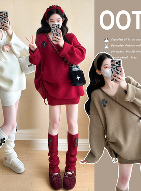 2025孕妇装秋冬新款针织毛衣连衣裙子三件套孕妇套装8442