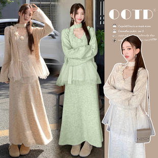 网纱拼接毛衣裙孕妇两件套 立体花朵针织套装 2025秋装 新款