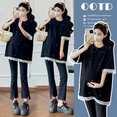 短袖 设计感钉珠蕾丝花边宽松大码 T恤孕妇上衣 孕妇夏装 新款