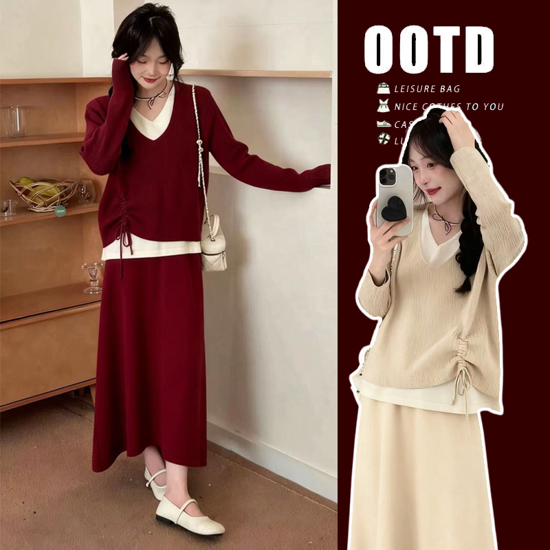 大量货#孕妇秋装套装2025新款秋冬休闲假两件针织衫+半身裙两件套