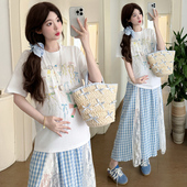 现 猪鼻扣调节 孕妇网红风蝴蝶结宽松T恤蕾丝拼接半身裙套装