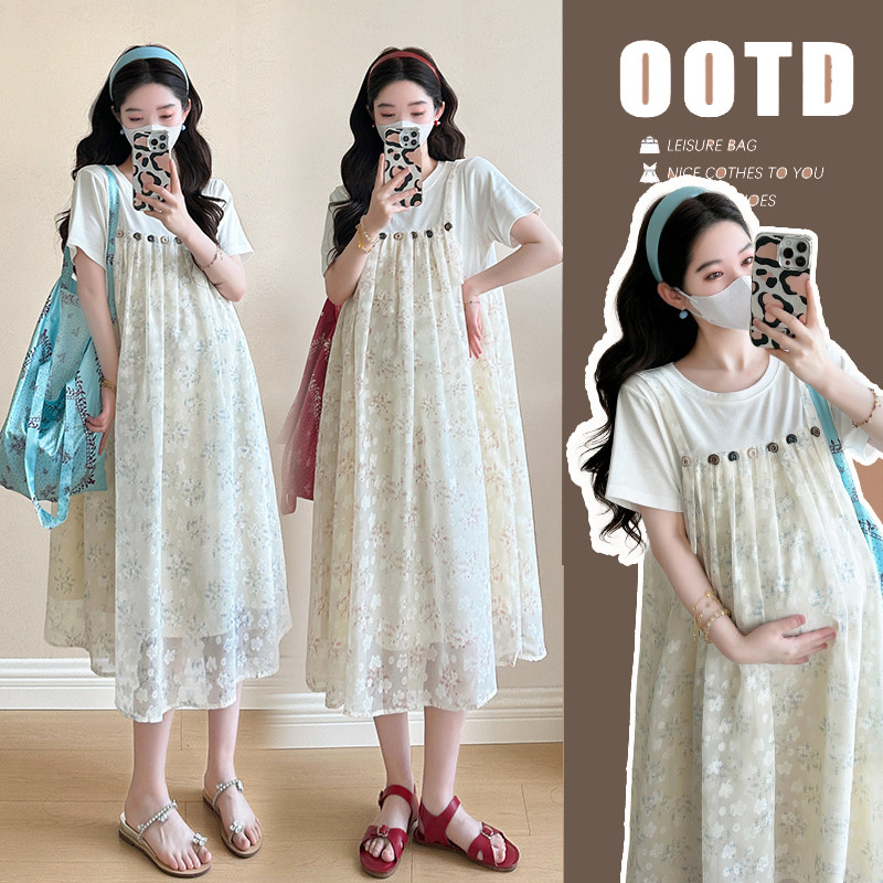 孕妇装夏季新款韩版时尚宽松显瘦雪纺提花假两件连衣裙