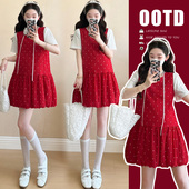 t恤两件套孕妇装 短袖 红色波点背心裙 甜美风套装