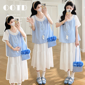 甜美蓝色格子吊带假两件上衣显瘦半身裙套装 新款 夏季 xian货