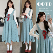 秋季 连衣裙套装 外穿新款 牛仔印花韩版 裙子针织上衣 孕妇装