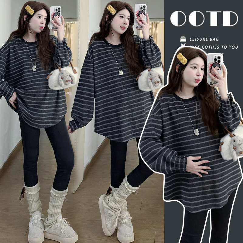 新款！高品质韩国绒秋冬孕妇大版加厚百搭条纹T恤冬季加厚