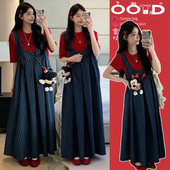 复古时尚 法式 宽松条纹牛仔背带裙配T恤两件套 2026春夏新款 孕妇装