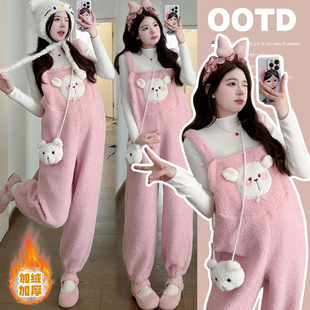 孕妇装秋冬款可爱减龄羊羔毛加绒加厚背带裤连体裤两件套装