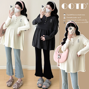 上衣 甜美刺绣图案娃娃衫 秋冬孕妇装