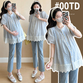 棉布条纹百褶提花拼接蕾丝上衣 新款 可开口哺乳 孕妇夏季 现