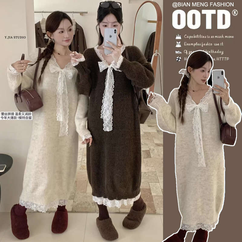 孕妇秋冬慵懒风蝴蝶结蕾丝系带针织连衣裙显瘦软糯打底毛衣潮
