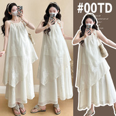 网红孕妇装 雪纺刺绣孕妇背心裙＋猪鼻扣半身裙两件套 大码