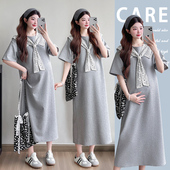 时尚 蕾丝连衣裙套头短袖 夏季 长款 圆领翻领减龄假两件 韩版 孕妇装