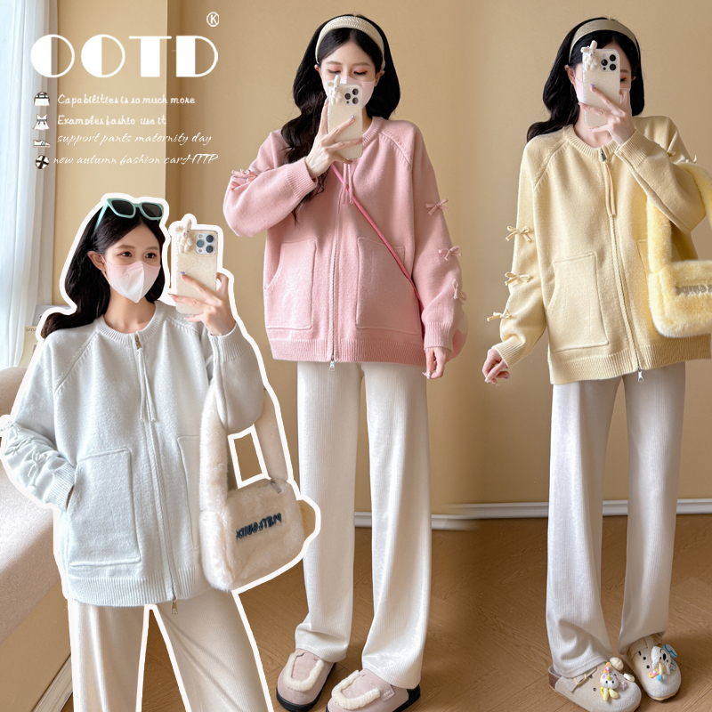 2025优质款孕妇秋冬时尚宽松显瘦减龄加厚毛衣蝴蝶结开衫外套