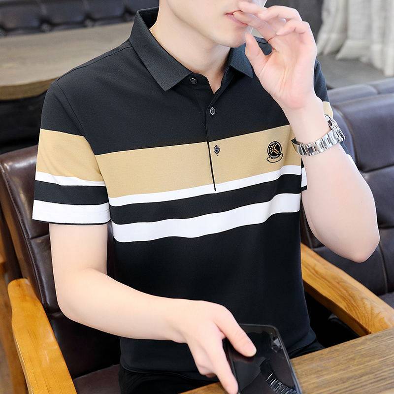 条纹拼色短袖t恤男夏季高端商务翻领保罗polo衫撞色带领半袖上衣