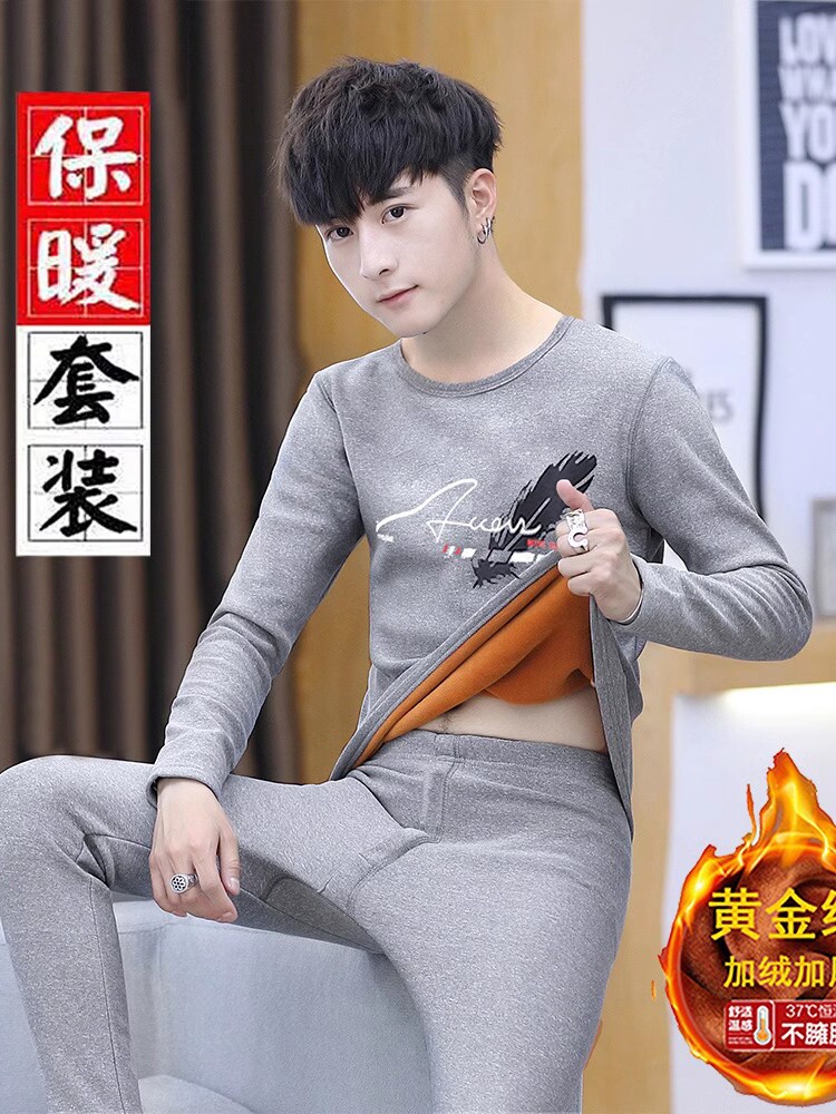 가을 겨울 열 속옷 남자 정장 두꺼워지고 벨벳 젊은 남자의 가을 옷과 긴 바지 남자 바닥 셔츠 유행 라운드 넥