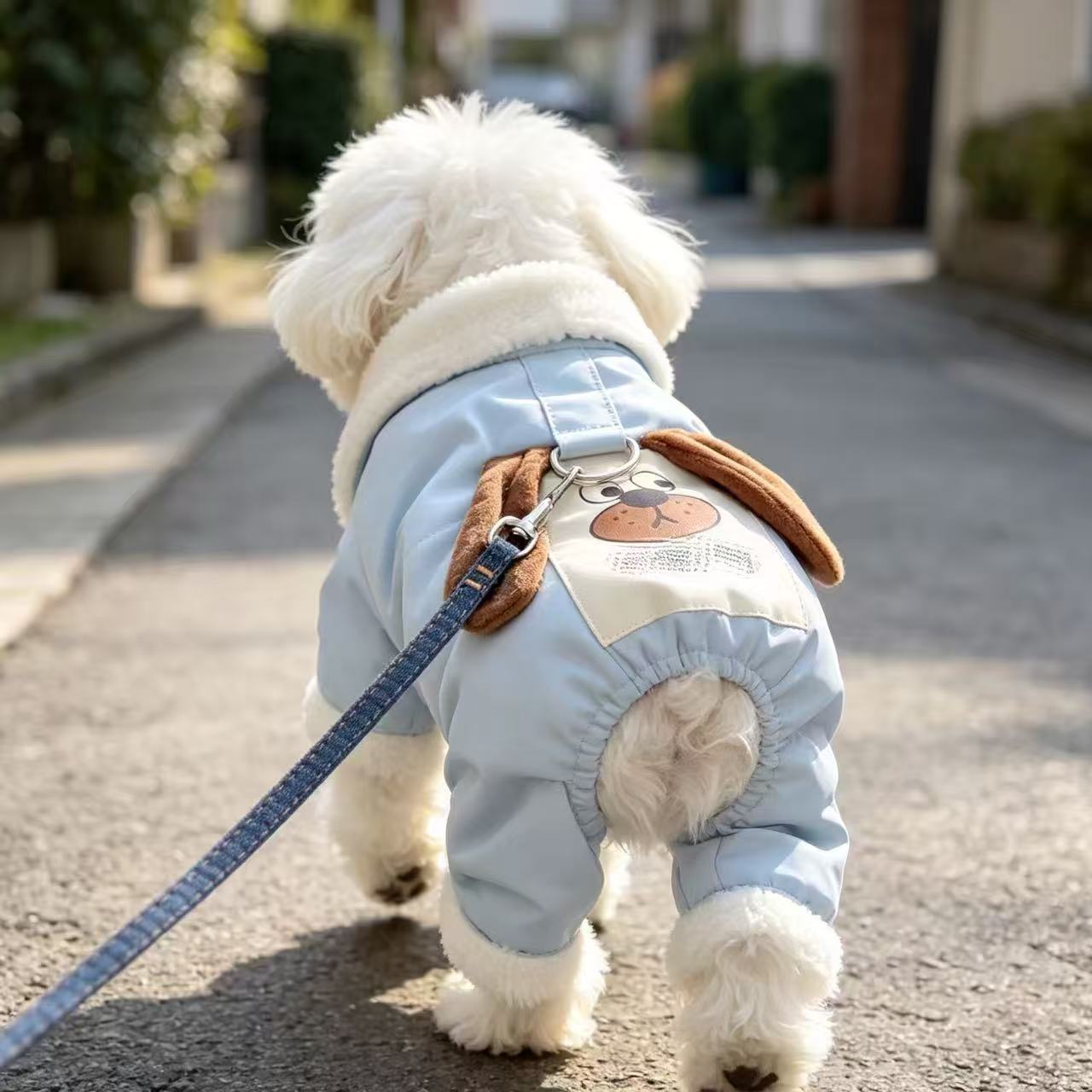 带牵引扣的遛狗衣服比熊贵宾吉娃娃冬季小熊头棉衣宠物狗狗四脚衣