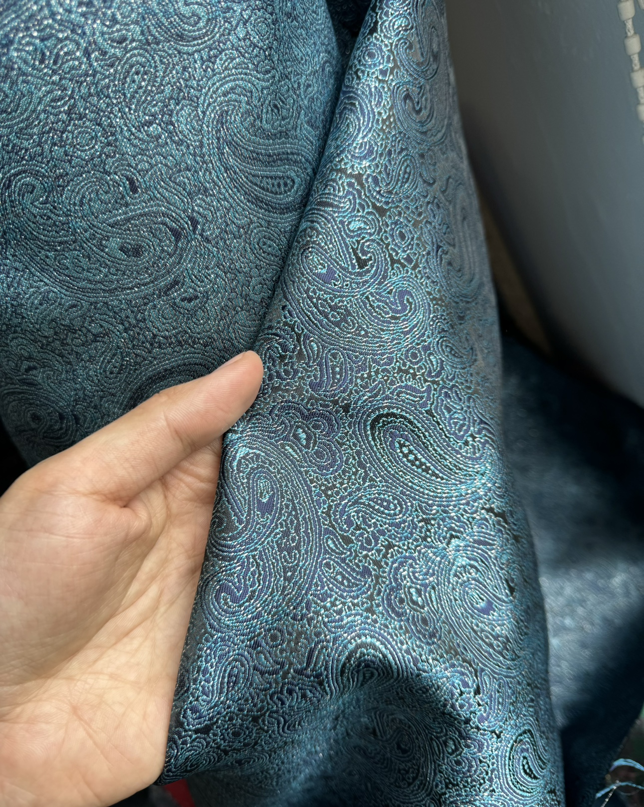 出口级别藏蓝亮丝腰果花提花面料西服外套马甲套装修身休闲设计布