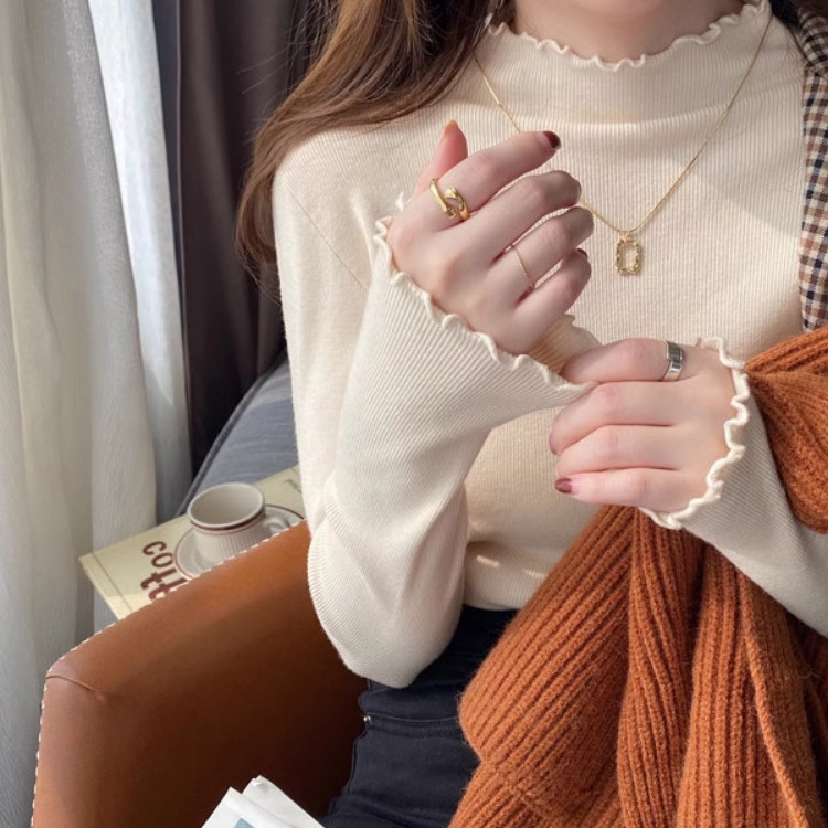 洋气内搭打底衫女2024年春秋新款木耳边半高领毛衣针织衫上衣