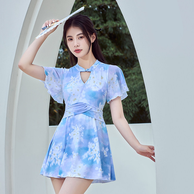 新中式泳衣女连体裙式遮肚显瘦小胸聚拢温泉平角裤度假小个子复古